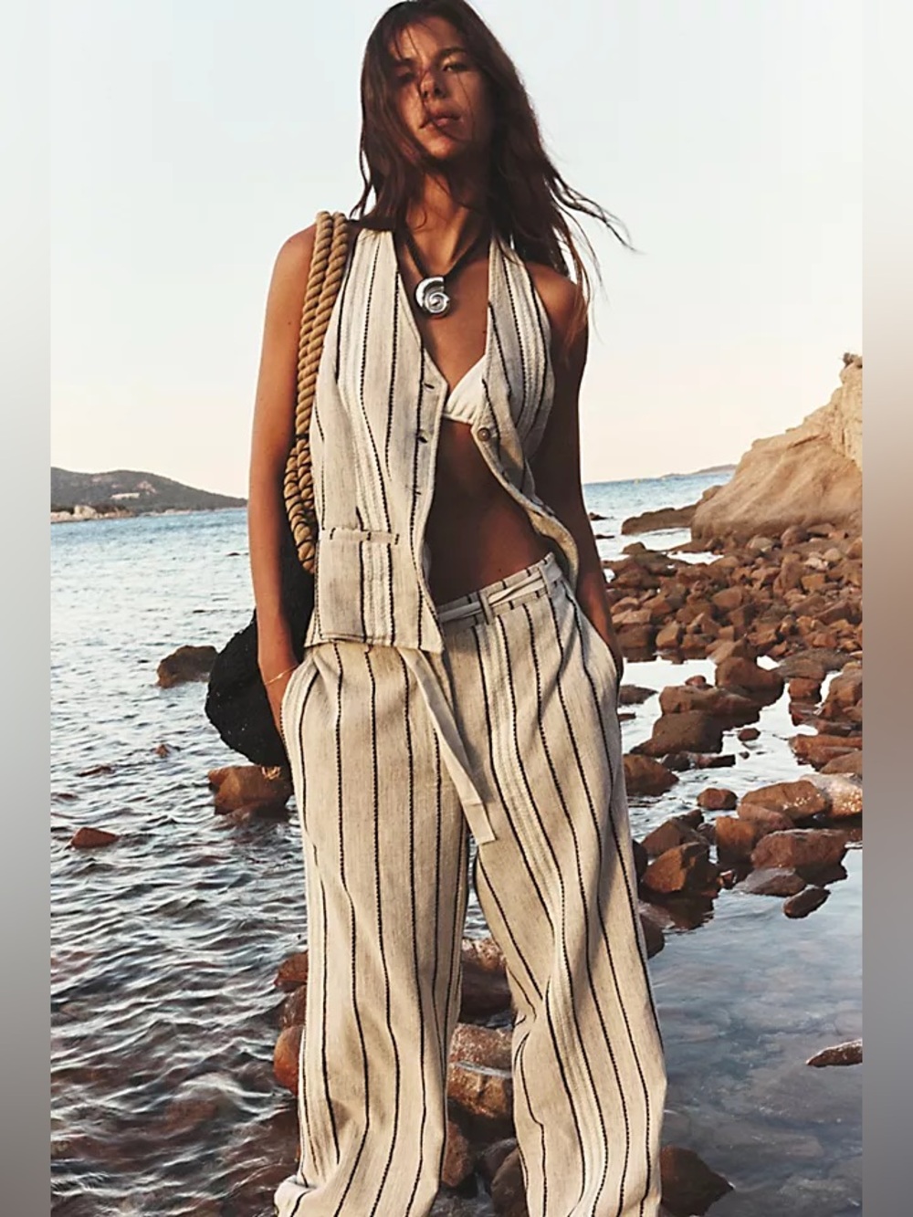 Free People Take Me To Paris Vest Pants Set Cream Wide-Leg Rocky Stripe